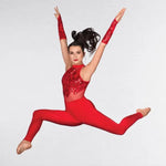 SS012 1st Position Red Flame Sequin Keyhole Backed Catsuit