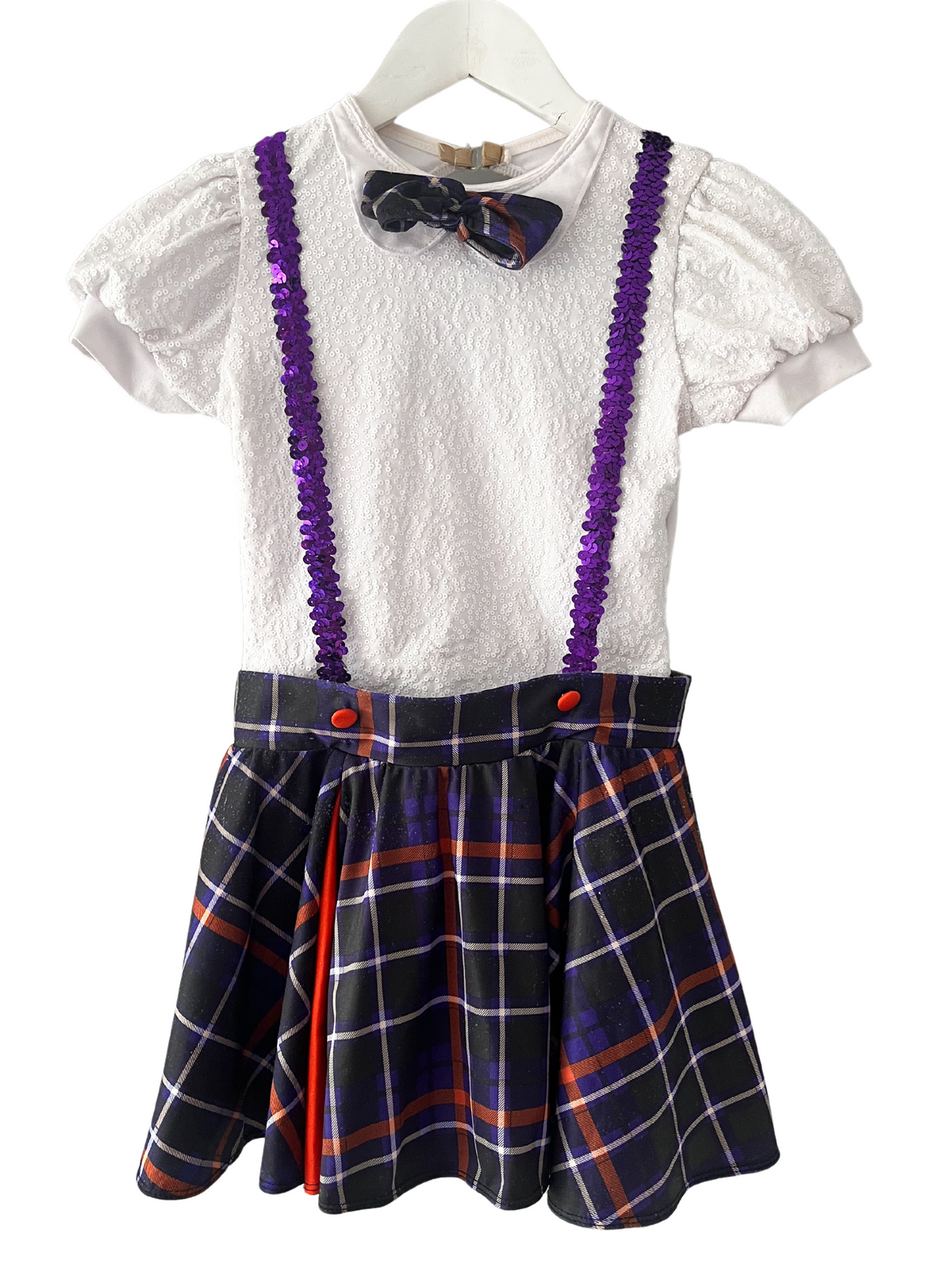 SS027 Revolution White & Purple Tartan Bow Dress