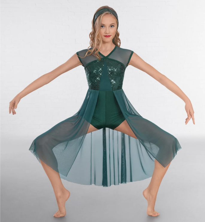 SS072 1st Position Green Sequin Lyrical Unitard With Open Front Skirt